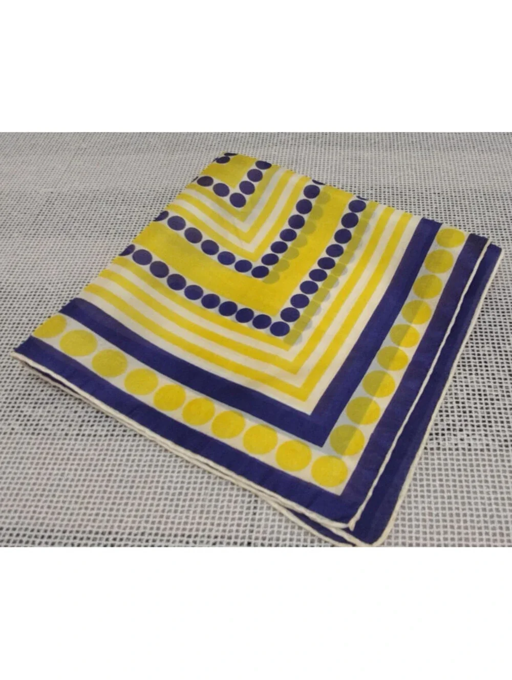 Vintage 1950s Pure Silk Handkerchief Royal Blue Polka Dot White & Yellow Stripes